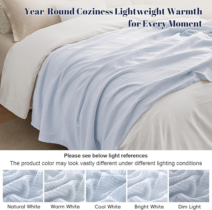 PHF 100% Cotton Muslin Blanket Twin XL Size 66"x90", 4-Layer Lightweight Gauze Throw, Breathable Cloud-Soft Minimalist Blanket for Bed, Couch, Camping & Baby, Ancient Water, Ideal Gift