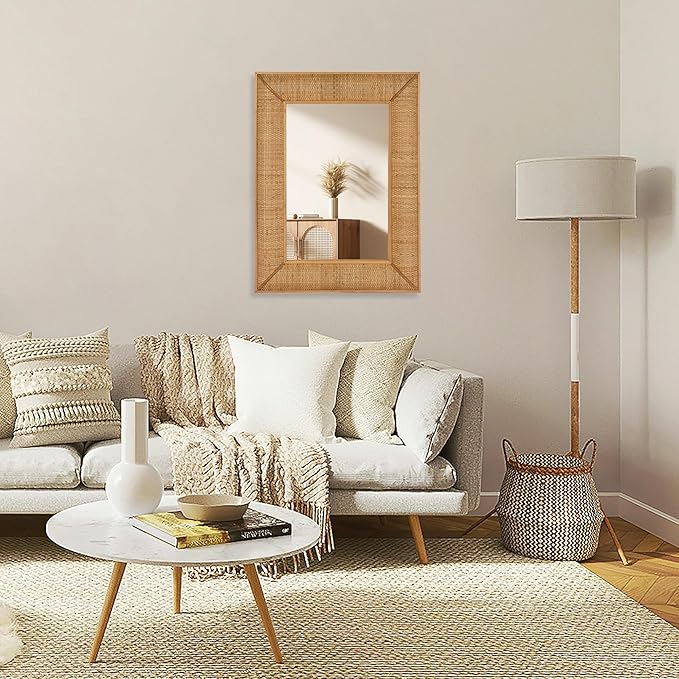 Boho Rattan Wall Mirror Wooden Framed Rectangle Mirror Rattan Decorative Farmhouse Hanging Mirror for Bathroom Vanity Entryway Living Room Home Wall Decor - 23.82" x 1.78" x 31.5"