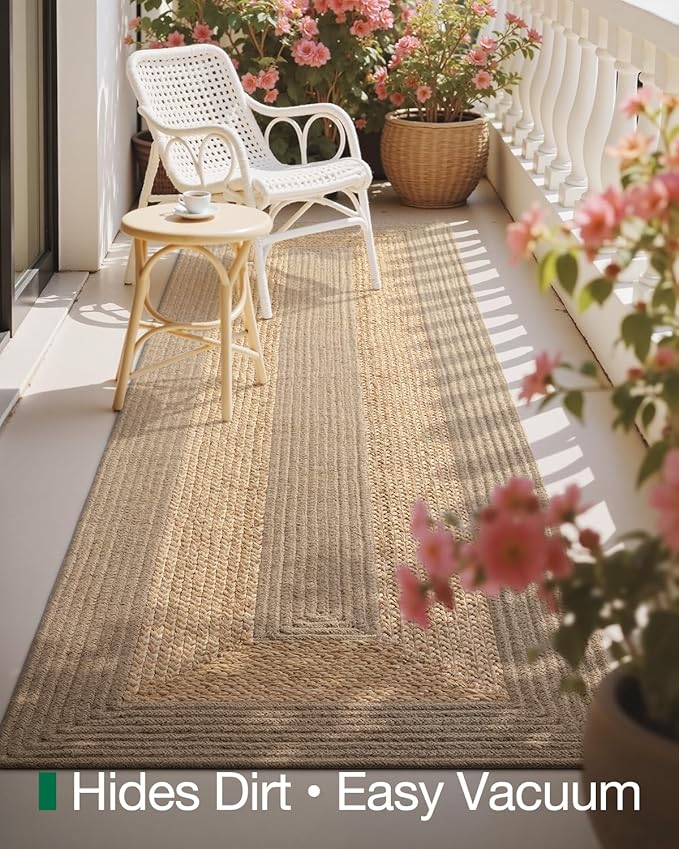 LUMI 2x7 Jute and Raffia Braided Runner Rug for Hallway, Natural Rustic Carpet Non Slip, Area Mat Indoor High Traffic for Living Room, Entryway, Kitchen, Laundry
