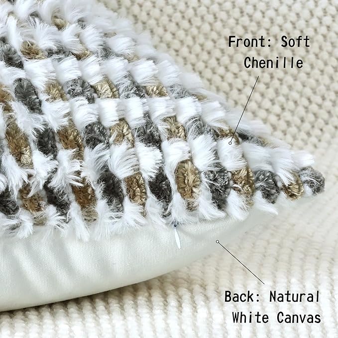 Boho Chenille Tufted Pillow Cover 12x20 Inch Set of 1, Farmhouse Striped Decorative Pillow Covers Accent Fluffy Neutral Lumbar Pillowcases for Couch Sofa Bedroom Living Room, Brown Gray