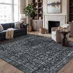 6x9 Area Rugs for Living Room Bedroom, Large Washable Rug, Black Vintage Floral Boho Style, Non Slip & Low Pile Carpet for Indoor Dining Room, Dorm and Kids Room(Black 6x9ft)