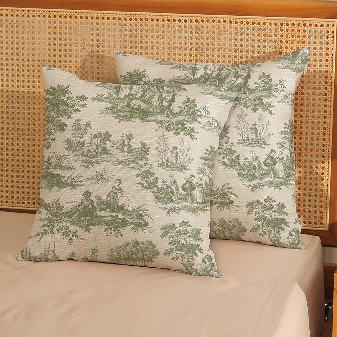 French Country Pillow Covers 18x18 Set of 2 Vintage Sage Green Throw Pillows French Country Outdoor Decorative Pillowcase Retro Rustic Linen Decor Farmhouse Cushion Case for Couch Bed Sofa