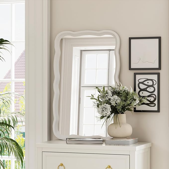 COZAYH Rustic Farmhouse Wall Mirror, 23.5” x 38” Rectangular Decorative Wall Mounted Mirror with Distressed Wood Frame & Curved Scallop Detail, White