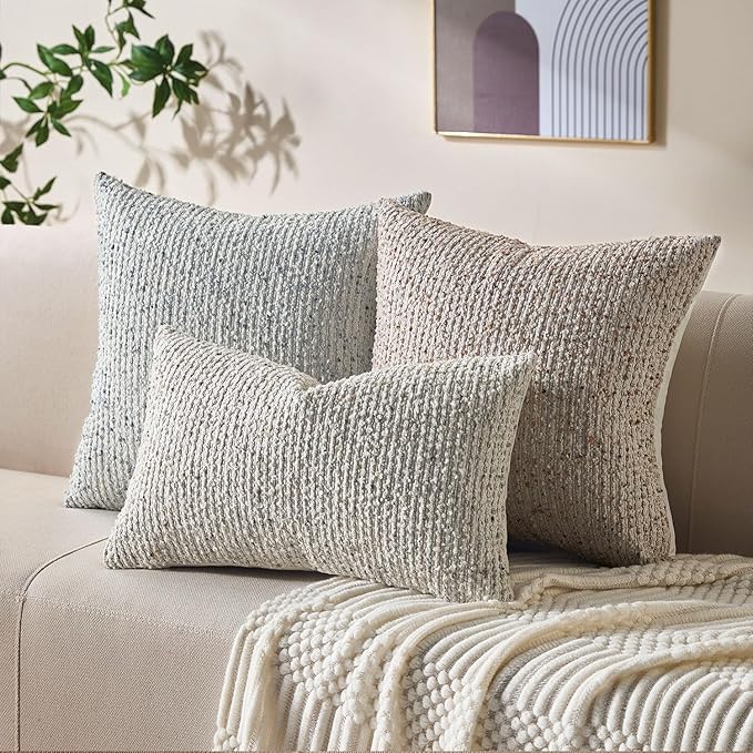 Decorative Couch Throw Pillow Covers 12x20 Set of 2 Cream Gray Striped Soft Wool Pillow Covers Neutral Textured Boho Cushion Covers for Modern Farmhouse Sofa Bedroom Living Room Decor SY012-B12