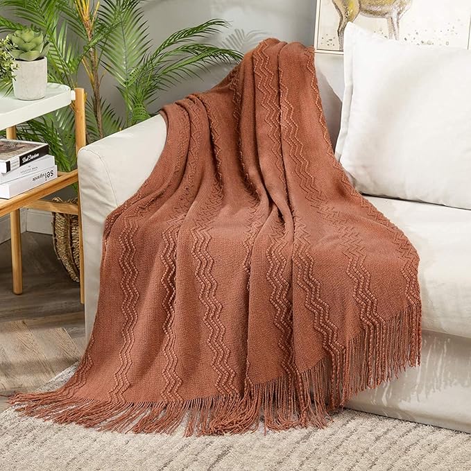 MIULEE Orange Knitted Throw Blanket for Couch Boho Terracotta Rust Textured Cozy Woven Blanket with Tassels for Sofa Chair Bed Living Room Acrylic Wave Pattern 60"x80"