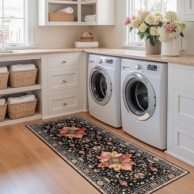 Area Rugs 2'x6' Runner Rug Non Slip Washable for Kitchen Hallway Bedroom Beside Laundry Room Bathroom Rug, Floor Carpet, Black Colorful Floral Dark Tan