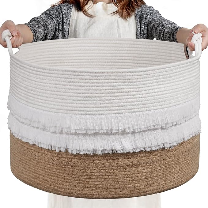 CherryNow Large Wicker Laundry Basket for Entryway, Bedroom, Jute Decorative Baskets for Clothes, Toys, Towel Basket for Bathrooom, 22 x 14 inches, 83L