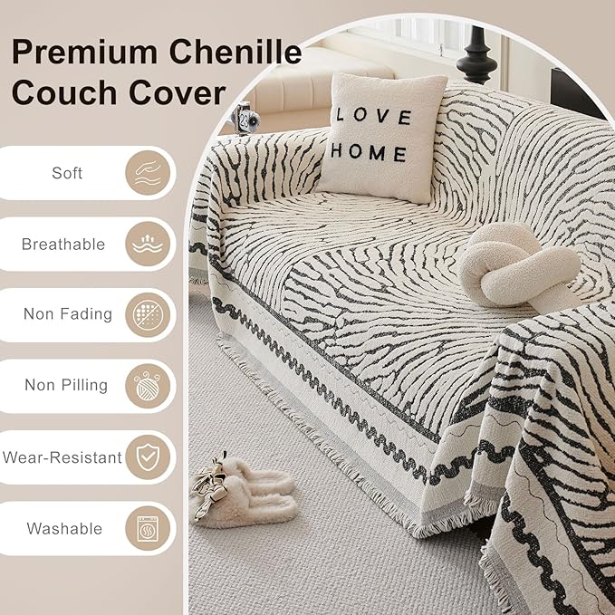 ROOMLIFE Thicked Striped Couch Cover with Tassel Black Chenille Sofa Cover Blanket for Sectional Sofa, Soft Sofa Slipcovers for L Shaped Love Seat 2-3 Cushion Couch Anti Slip Sofa Protector, 71"x134"