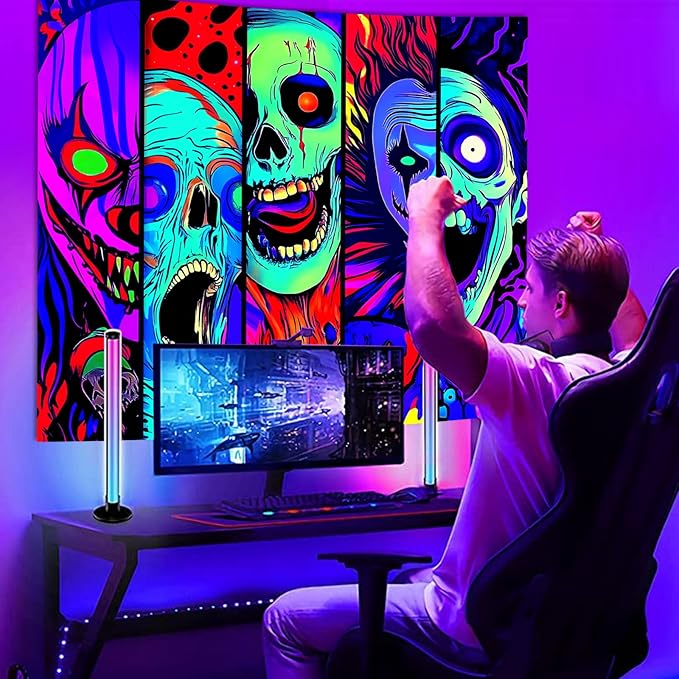 Atrippy Blacklight Halloween Horror Wall Decor Tapestry for Bedroom, UV Reactive Skull Skeleton Tapestries, Black Light Gothic Face Neon Aesthetic Wall Hanging for Dorm Living Room 36x48 Inches