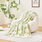 Checkered Throw Blanket, Sage Green Super Soft Knit Breathable Throw Blanket, Cozy Fluffy Reversible Checkerboard Flower Fuzzy Blanket for Couch Sofa Bed Living Room Decor 60 x 80 Inch