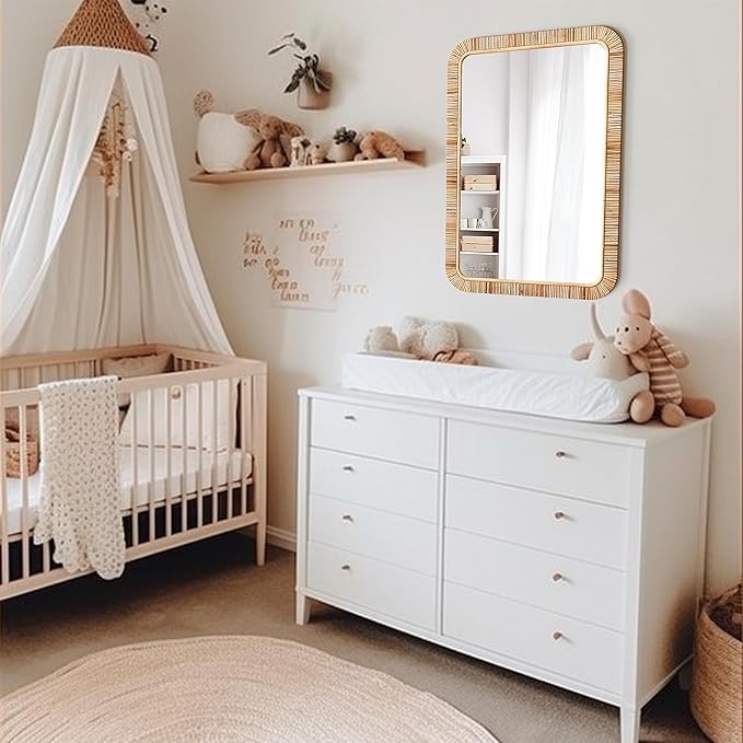 Barnyard Designs Rattan Bathroom Mirror – Rustic Farmhouse Style Handmade Wicker Rattan Frame - Boho Mirror for Nursery Wall Décor (24" x 36", Rectangular)