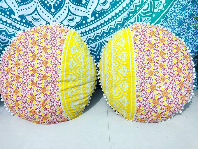 CRAFT KALA Mandala Floor Pillow Cushion Cover Seating Throw Cover Hippie Decorative Bohemian Ottoman Pouf Pom Pom Pillow Cases Boho Indian Cotton Living Yoga Home Décor 24: Round Set Of 2 Yellow Ombre