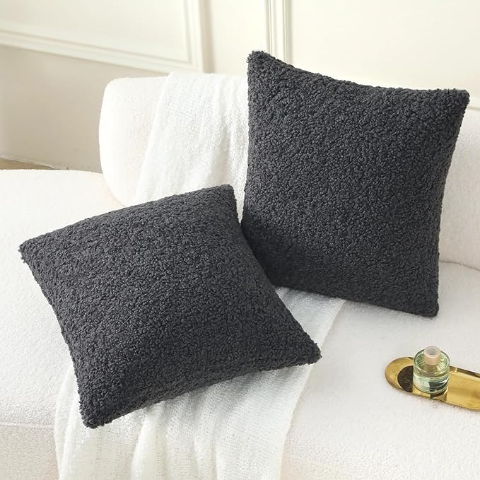 FUTEI Charcoal Throw Pillow Covers 24x24 Inch Set of 2,Furry Faux Fur Teddy Boucle Textured Cushion Covers,Soft Fluffy European Pillow Shams,Home Decor for Couch Bed Living Room Office Car