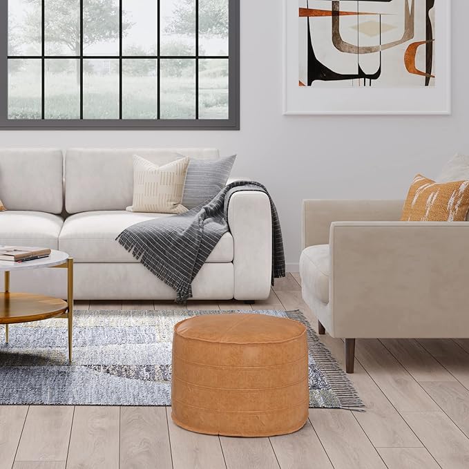 SIMPLIHOME Brody Round Pouf - 20 inch Wide Upholstered Vegan Leather Ottoman in Distressed Brown, Boho Footstool or Extra Seating for Living Room or Bedroom with Polystyrene Filling, Assembled