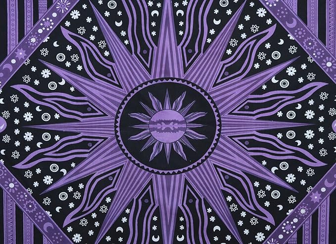 Popular Handicrafts Tapestry Wall Hanging Hippie Burning Sun Moon Bohemian Hippy Psychedelic Design Indian Tapestries Bedspread 84x90 Inches (215cm x 230cm) Purple