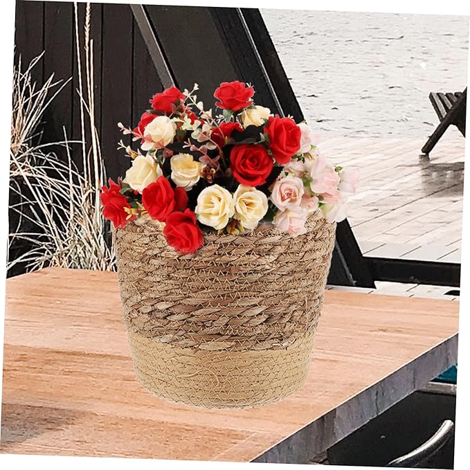 Healifty Seagrass Woven Planter Basket Large Brown Base Handcrafted Plant Container Boho Decor Storage Basket for Indoor Outdoor Plants Home Organization