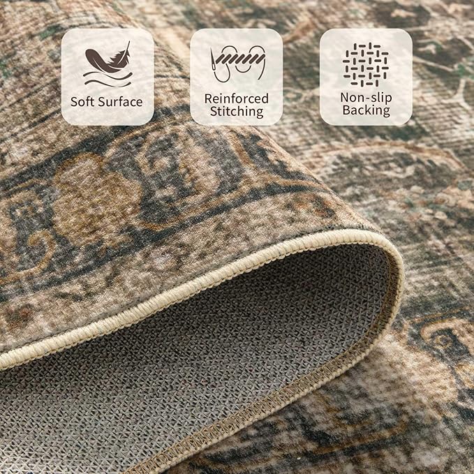 Brown 5x7 Area Rugs for Living Room Bedroom, Large Washable Rug, Vintage Retro Boho Rug, Non Slip & Low Pile Faux Wool Thin Carpet for Indoor Dining Room and Kids Room(Charcoal/Olive 5x7ft)