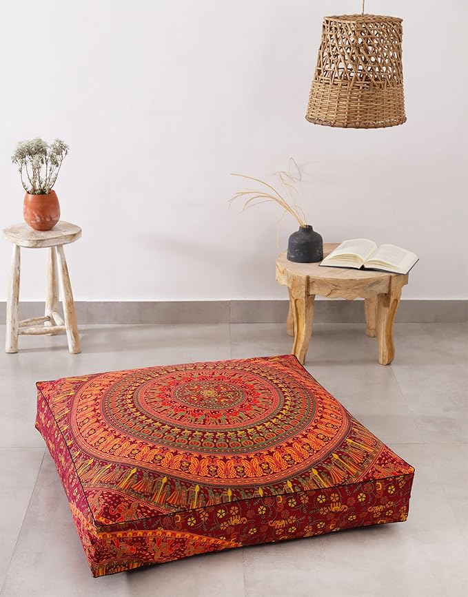 Popular Handicrafts Floor Pillow Cushion Cover - Hippie Elephant Mandala Square Ottoman Daybed Oversized Cotton Cushion Cover with Heavy Duty Zipper - Dog-Pets Bed, 35" Maroon