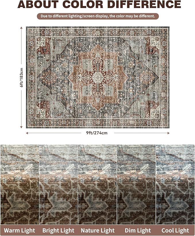 6x9 Rug, Stain Resistant Washable Area Rugs with Anti-Slip Backing, Vintage Large Bedroom, Living Room Rugs, Foldable Soft Rug (Grey/Brown/Tan, 6'x9')