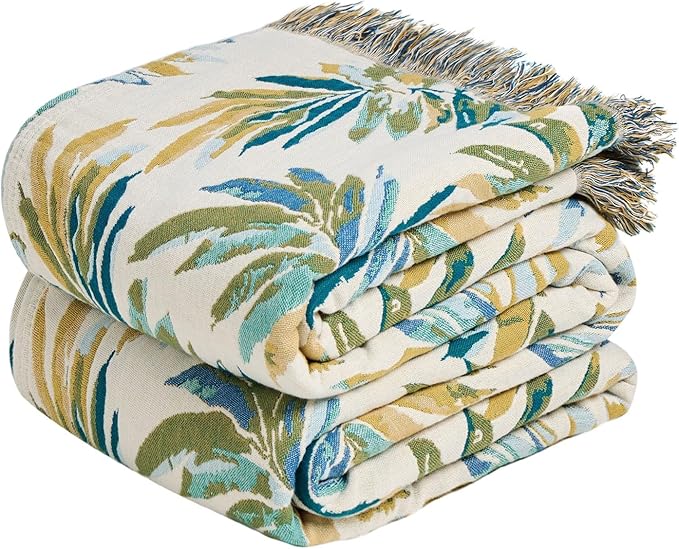 Boho Throw Blanket - 100% Cotton Throw Blankets for Bed Couch, 60"x80" Soft Muslin Lightweight Spring Throw Blanket, Cozy Plant Printed Bohemain Bedding Decor Green Throw Quilt