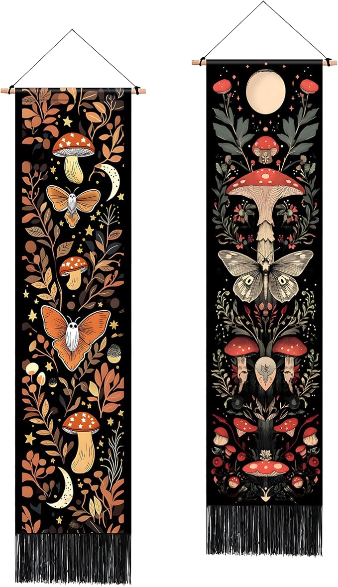 AOHMPT Pack of 2 Long Vertical Tapestry,Nature Landscape Tapestry with Serene Mountain River, Moon & Sun Motifs,Traditional Ink Painting Wall Art,Zen Aesthetic Wall Hanging for Living Room Bedroom Decor 13" W x 51" H"