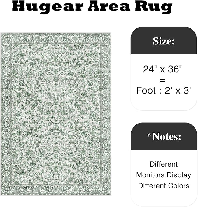 HUGEAR 2x3 Entryway Area Rug Green Small Rug Machine Washable Door Mat Neutral Vintage Floral Low Pile Carpet Distressed Throw Rug Entrance Kitchen Bathroom Bedroom Office Non Slip Soft Lightweight