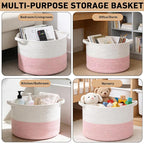 90L Large Blanket Basket,21.7"L x 21.7"W x 13.8"H Rope Woven Baskets with Handles, Toys Storage Bins,Laundry Basket Perfect for Living Room, Nursery,Bedroom,Home Organization,White&Pink