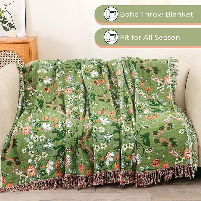 Boho Ultra Soft Throw Blanket 60''x80',100% Cotton Blankets for Couch Bed,Squirrel Farmhouse Home Decor Bed Blankets, All Season Rustic Reversible Bohemian Lightweight Throw for Bed -Light Green ﻿