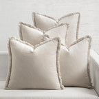 MIULEE Decorative Couch Pillow Covers Neutral Beige Linen Fringe Throw Pillows Set of 4 Boho Farmhouse Cushion Covers Soft Accent Pillowcases for Bed Couch Sofa Living Room Spring Decor 18x18 Inch