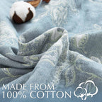 jinchan Boho 100% Cotton Muslin Queen Size 80x90 Inches Blanket Lightweight 4-Layer Quilted Soft Blue and White Floral Throw Blanket Green Accents Reversible Comfy Flower Rustic Summer Couch Bedroom