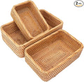 Set of 3 Rectangular Rattan Storage Baskets - 3 Size Expertly Hand Woven Rattan Fruit Baskets, Rectangular Woven Wicker Baskets, Wicker Organizer Baskets for Kitchen, Living Room, Office