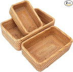 Set of 3 Rectangular Rattan Storage Baskets - 3 Size Expertly Hand Woven Rattan Fruit Baskets, Rectangular Woven Wicker Baskets, Wicker Organizer Baskets for Kitchen, Living Room, Office