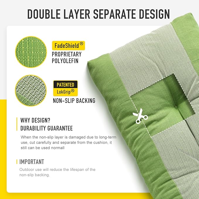 SUNROX LokGrip Non Slip Tufted Memory Foam Bench Cushion, FadeShield Water Resistant Durable Thicken Outdoor/Indoor Bench Seat Pads 36x14x4 inch, Apple Green