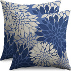 Blue Cream Grey Gray Pillow Covers 20X20 Inch Set of 2, Modern Dahlia Floral Print Decorative Throw Pillow Covers Outdoor Farmhouse Cushion Case for Home Couch Sofa Bed Decoration
