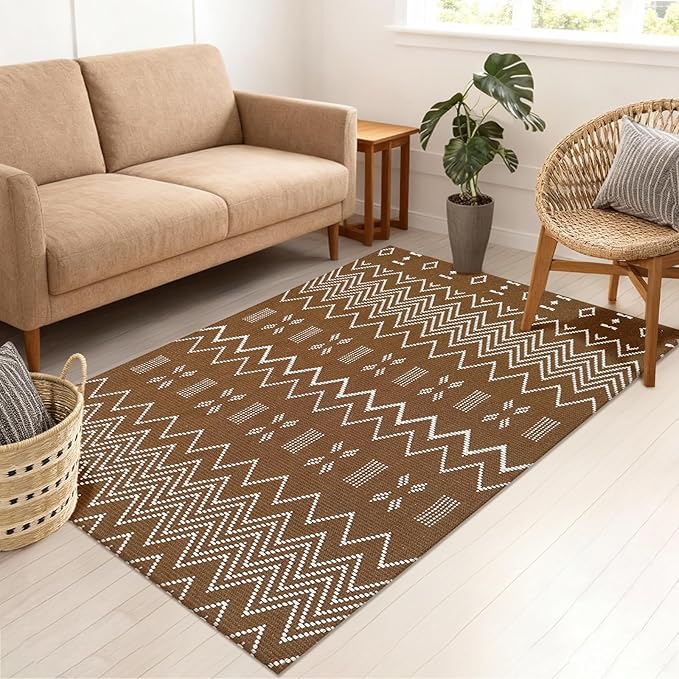 Boho Rugs for Living Room,3x5 ft Braided Rug,Washable Faux Jute Rug for Bedroom,Cotton Soft Entryway Rugs,Floor Carpet with Rubber Backed,Non Slip,Brown/White
