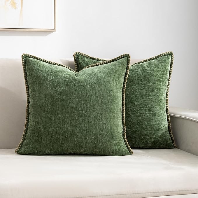 Decorative Green Throw Pillow Covers Pack of 2, 18x18 in Chenille Soft Pillow Covers with Stitched Edge, Farmhouse Neutral Euro Decorative Pillows for Bed Couch Sofa Home Decor