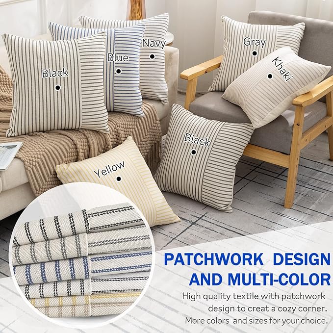YCOLL Farmhouse Pillow Covers 18x18, Modern Accent Square Throw Pillow Covers Set of 2, Yellow and Beige Striped Patchwork Linen Decorative Pillows Cushion Covers for Couch Chair Bedroom Home Decor