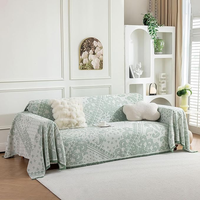 ROOMLIFE Green Couch Covers for Sofa, Sofa Covers Washable Non Slip Furniture Protector Couch Sofa Covers for 3 Cushion Couch, Breathable Sofa Slipcovers Couch Cover Blanket with Tassels 71" X 118"
