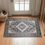 Lessymo 2 x 3 Entryway Rug, Machine Washable Area Rugs Boho Faux Wool Low Pile Area Rug for Bedroom, Floral Medallion Vintage Outdoor Rugs with Non-Slip Rubber,Black Brown