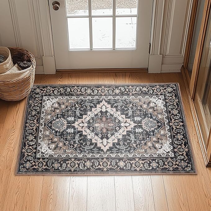 Lessymo 2 x 3 Entryway Rug, Machine Washable Area Rugs Boho Faux Wool Low Pile Area Rug for Bedroom, Floral Medallion Vintage Outdoor Rugs with Non-Slip Rubber,Black Brown