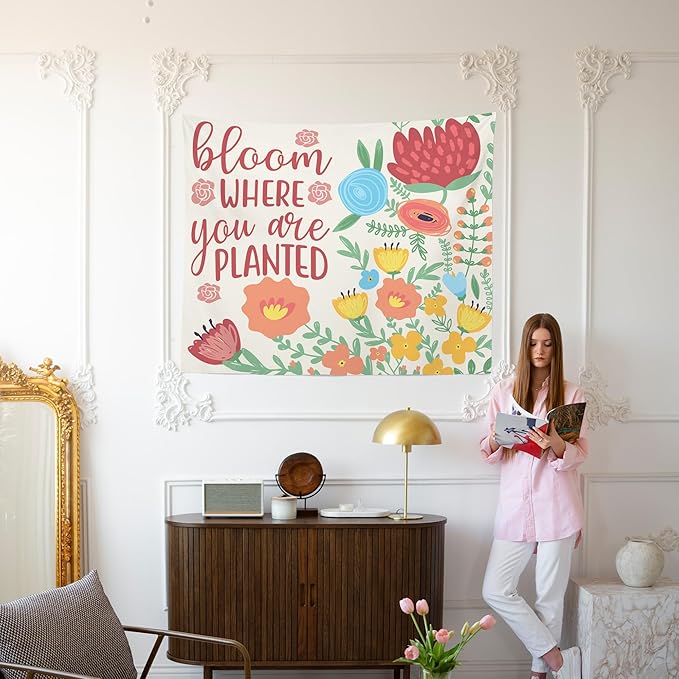 MNOSAIOO Inspirational Floral Spring Wall Tapestry Hanging for Classroom, Bloom Where You Are Planted Tapestry, Cute Nursery Colorful Tapestries Wall Decor for Bedroom Therapy Girly Room 60x50 inch