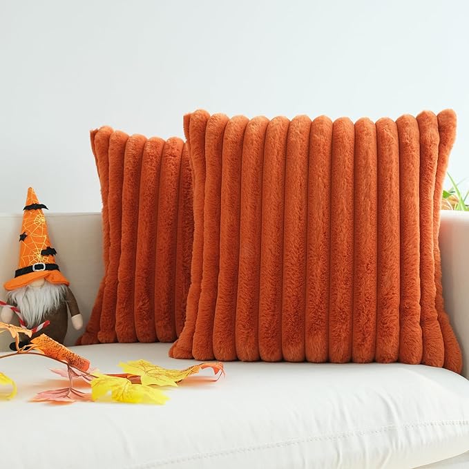 JOJUSIS Pack of 2 Faux Fur Plush Decorative Throw Pillow Covers Couch Cushion Case Soft Pillowcases Farmhouse Fall Home Decor (Rust, 18 x 18-Inch)