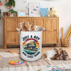 Just a Boy Who Loves Trains Laundry Basket, Toybox for Boys, Gifts for Train Lovers Enthusiasts Laundry Hamper Waterproof Collapsible Storage Bin Organizer for Bedroom Bathroom Dorm Clothes Toys