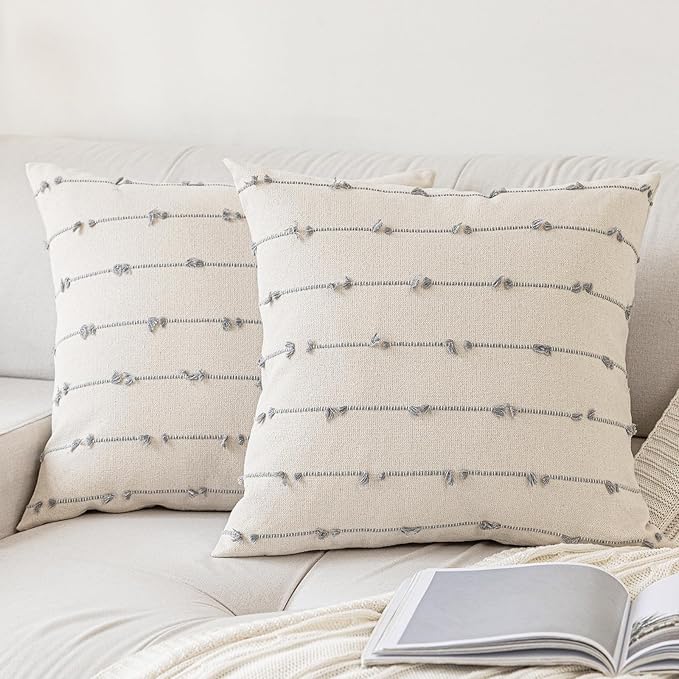 Boho Throw Pillow Covers 16x16 Set of 2 Modern Farmhouse Decorative Cushion Case Tufted Square Pillows Cover Neutral Pillow Cases Accent Pillowcase for Sofa,Couch,Bed,Beige and Grey