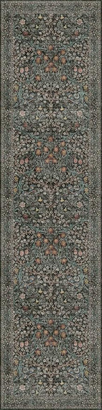 Washable Dark Green 2x10 Runner Rug for Hallway, Kitchen, 10 ft Non Slip Stain Resistant Extra Long Soft Rugs, Vintage Floral Unique Botanical Floor Mat