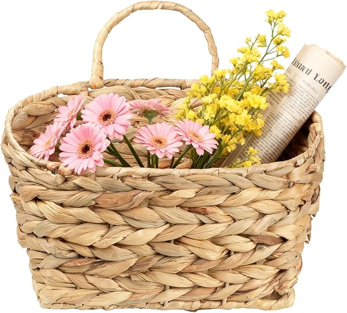 Hanging Wall Basket Handwoven Wicker Basket for Plants, Flowers & Storage, Rustic Farmhouse Wall Decor Organizer, Natural Water Hyacinth