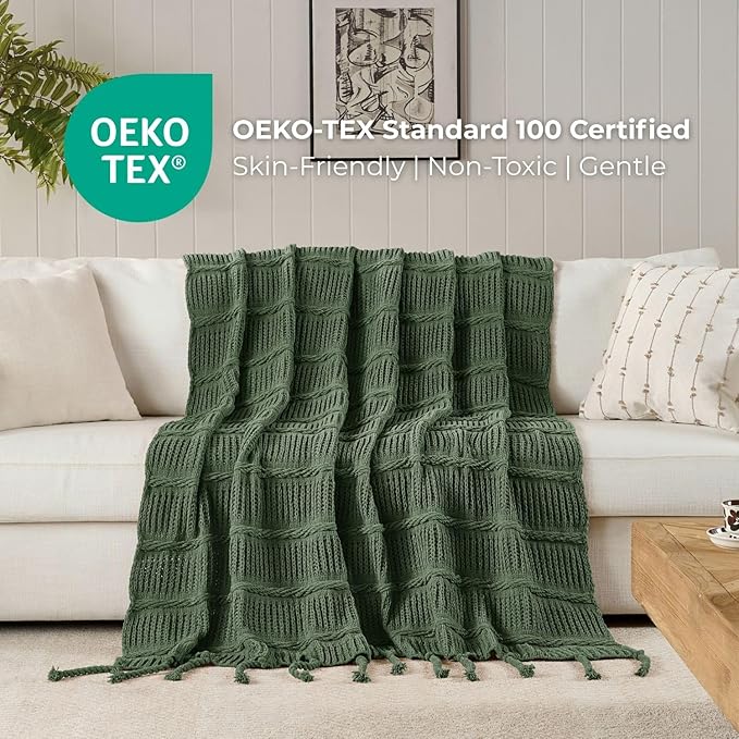 Boho Knitted Chenille Blanket with Tassels - Lightweight & Soft All-Season Throw - 3D Classic Pattern for Living Room Bedroom Couch, Imperial Green, Queen 90"x90"