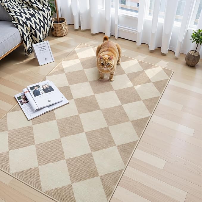 Beeiva Checkered Print 3x5 Washable Area Rug for Bedroom, Non Slip Ultra Thin Beige Entryway Rug Non Shedding Kitchen Rug 3x5, Modern Checkerboard Carpet Plaid Decor for Bathroom Office Nursery