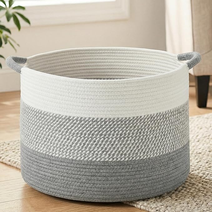 100L Large Cotton Rope Basket, Decorative Woven Blanket Storage for Living Room, Boho Toy Storage & Toy Box for Kids, Versatile Laundry Basket & Nursery Hamper for Blankets(Grey)