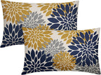 Navy Blue Yellow Pillow Covers 12X20 Inch Set of 2, Modern Geometry Dahlia Floral Print Decorative Rectangle Throw Pillow Covers Outdoor Farmhouse Cushion Case for Home Couch Sofa Bed Decoration